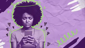 woman looking up celebrities with endometriosis on her phone, dealing with endo pain