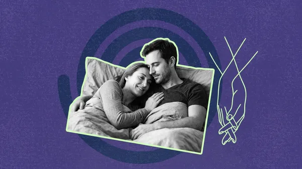 couple in bed surrounded by sperm and heart graphics
