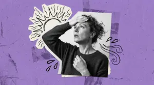 woman with hot flashes fanning herself
