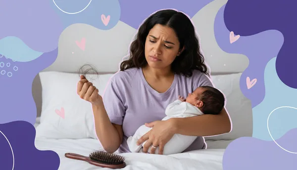 woman with postpartum hair loss holding her newborn