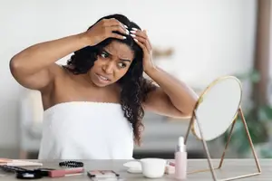 woman looking at the mirror at her thinning hair