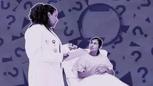 woman suffering from missed miscarriage consulting with doctor