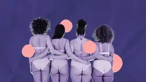 four women in lingerie arms entwined