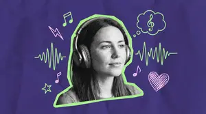 thirty-something year old woman listening to a podcast