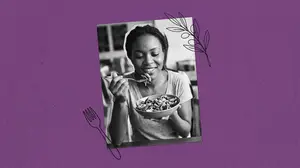 woman eating foods to shrink fibroids