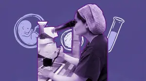embryologist kristen jones looking in a stereo microscope
