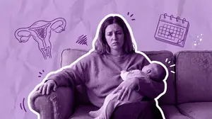 woman having a painful period after pregnancy
