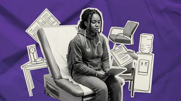 black woman at in the obgyn office to discuss fibroids