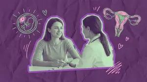 woman with her reproductive endocrinologist discussing embryoglue