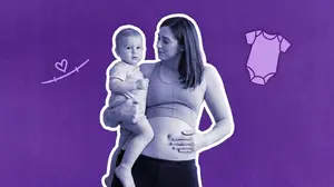 woman pressing on her c-section shelf while holding her baby