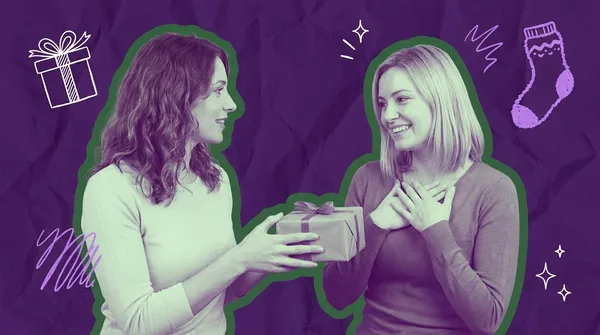 woman surprising her friend with a gift