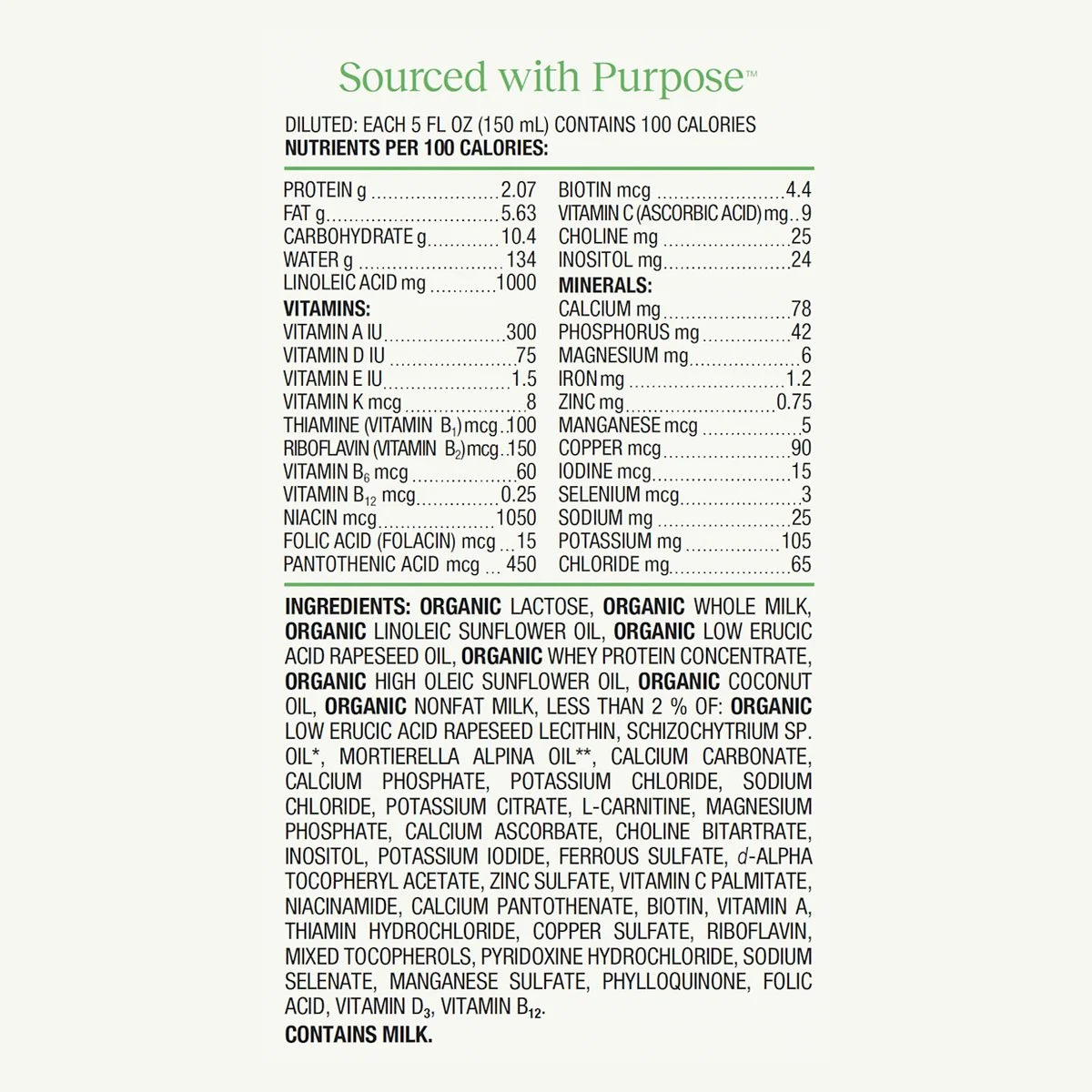 Bobbie Organic Whole Milk Infant Formula nutrition and ingredient label