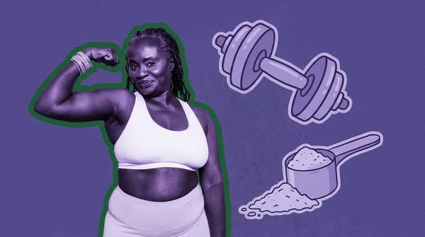 strong middle-aged woman flexing her bicep